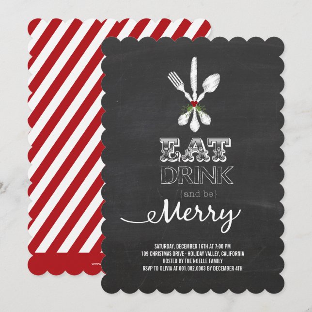 Eat Drink Be Merry Chalkboard Holiday Party Invite (Front/Back)