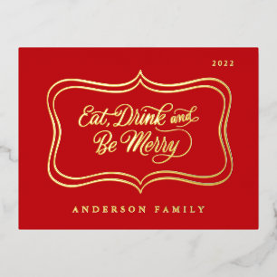 Eat Drink & be Merry Christmas Classic Gold Frame Foil Holiday Postcard