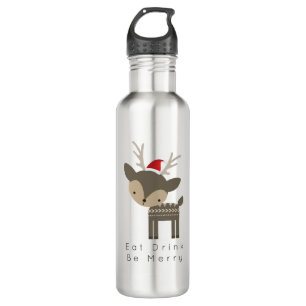 Eat Drink Be Merry Christmas Deer In Red Santa Hat 710 Ml Water Bottle