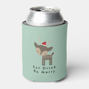 Eat Drink Be Merry Christmas Deer In Red Santa Hat Can Cooler