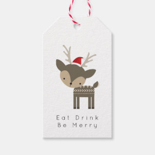 Eat Drink Be Merry Christmas Deer In Red Santa Hat Gift Tags
