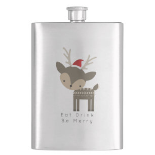 Eat Drink Be Merry Christmas Deer In Red Santa Hat Hip Flask