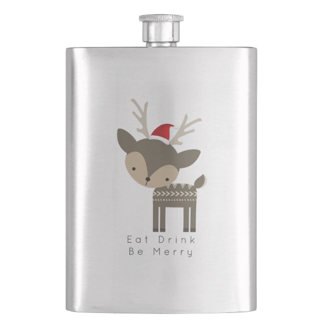 Eat Drink Be Merry Christmas Deer In Red Santa Hat Hip Flask (Front)
