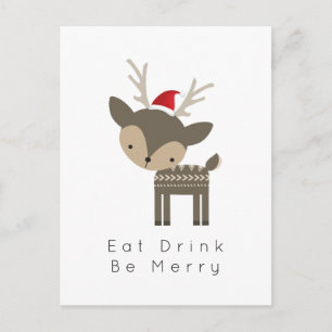 Eat Drink Be Merry Christmas Deer In Red Santa Hat Holiday Postcard