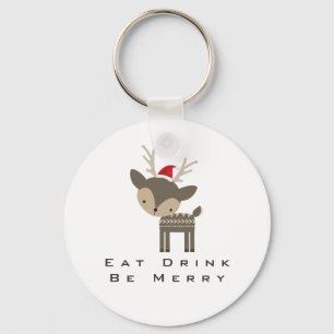 Eat Drink Be Merry Christmas Deer In Red Santa Hat Key Ring