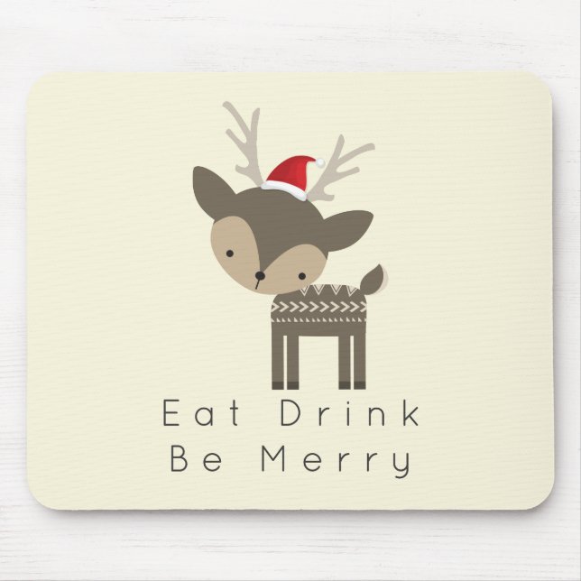Eat Drink Be Merry Christmas Deer In Red Santa Hat Mouse Mat (Front)