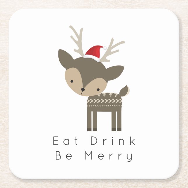 Eat Drink Be Merry Christmas Deer In Red Santa Hat Square Paper Coaster (Front)