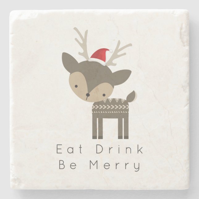 Eat Drink Be Merry Christmas Deer In Red Santa Hat Stone Coaster (Front)
