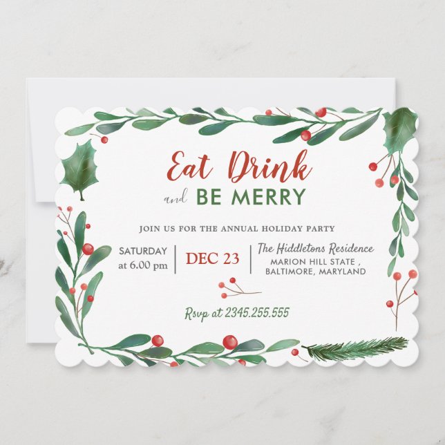 Eat Drink Be Merry | Christmas Dinner Party Invitation (Front)
