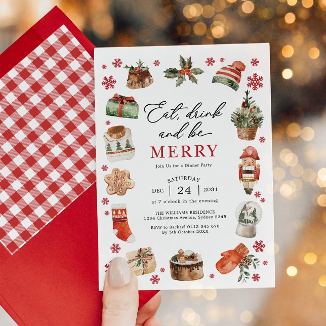 Eat Drink Be Merry Christmas Dinner Party Invitation (Creator Uploaded)