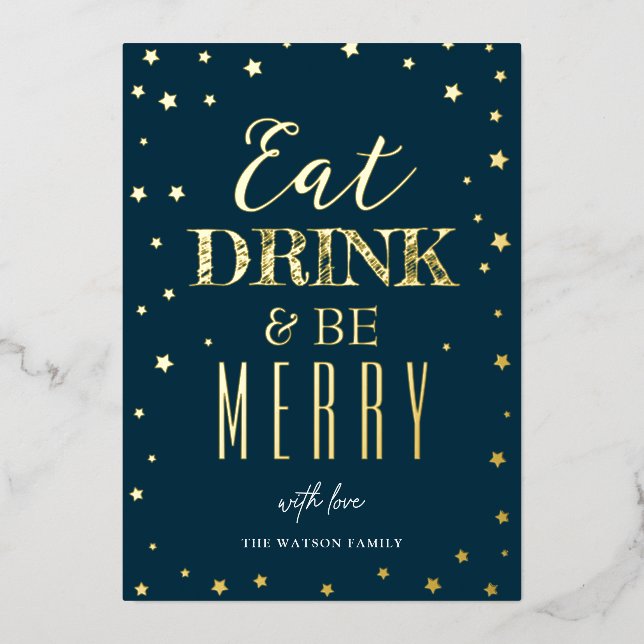 'Eat, Drink & Be Merry' Christmas Gold Foil Holiday Card (Front)