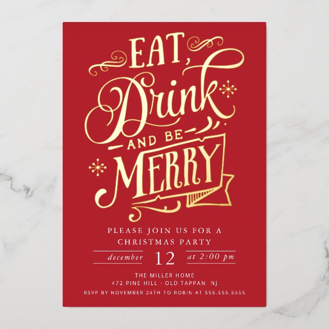 Eat Drink & Be Merry Christmas Party Foil Holiday Card (Front)