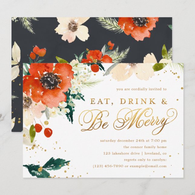 Eat, Drink & Be Merry Floral Holiday Party Invitation (Front/Back)
