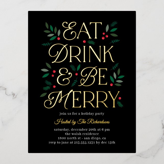 Eat Drink Be Merry Foil Holiday Invite Postcard (Front)