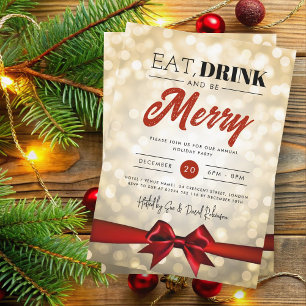 Eat, Drink Be Merry Gold Bokeh Holiday Xmas Bow Invitation