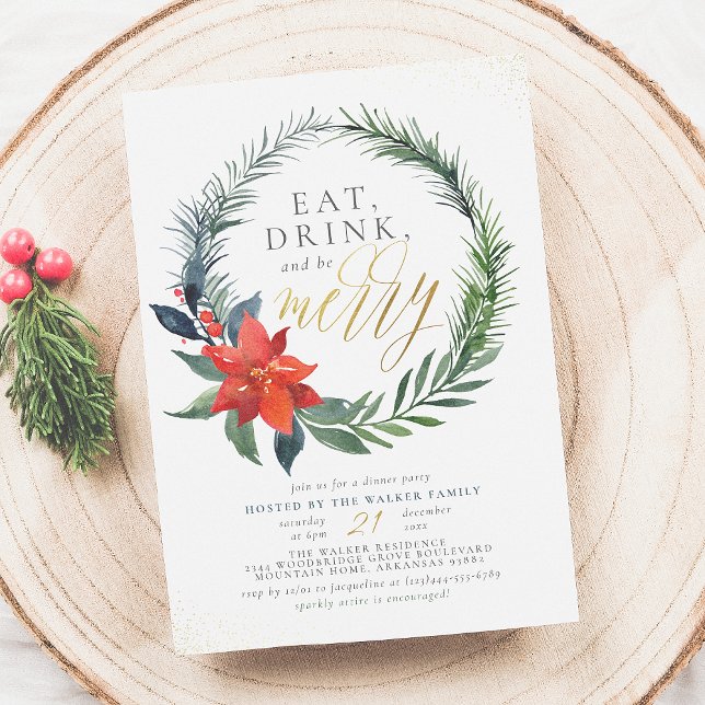 Eat Drink & Be Merry | Gold Christmas Dinner Party Invitation (Creator Uploaded)