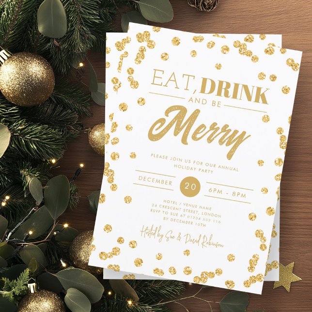 Eat Drink Be Merry Gold Glam Glitter Holiday Xmas  Invitation (Creator Uploaded)