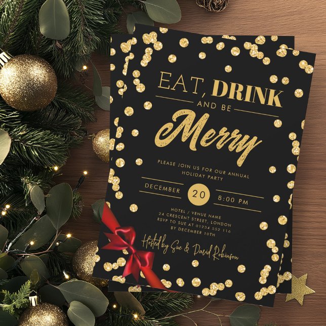 Eat, Drink Be Merry Gold Glitter Xmas Ribbon Black Invitation (Creator Uploaded)