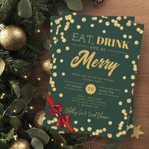 Eat, Drink Be Merry Gold Glitter Xmas Ribbon Green Invitation