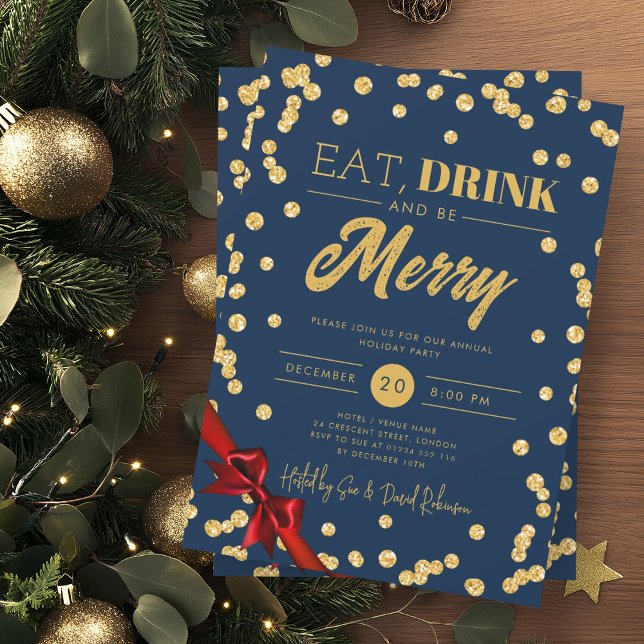 Eat, Drink Be Merry Gold Glitter Xmas Ribbon Navy  Invitation (Creator Uploaded)