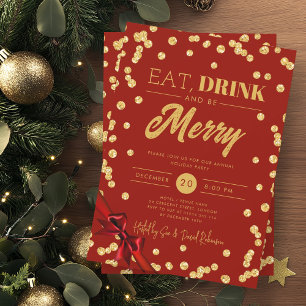 Eat, Drink Be Merry Gold Glitter Xmas Ribbon Red  Invitation