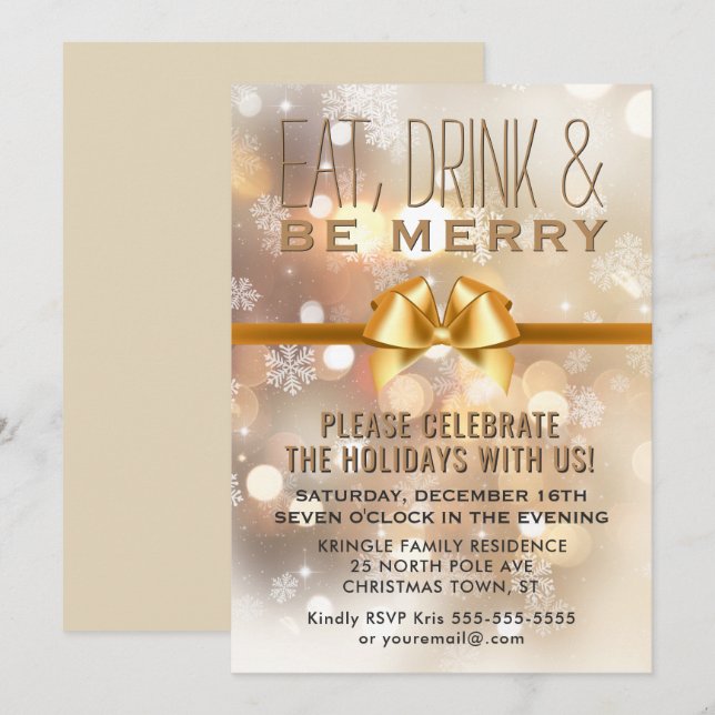 Eat Drink Be Merry Gold Holiday Party Invitation (Front/Back)