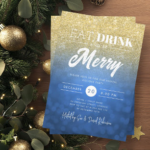 Eat, Drink Be Merry Gold Navy Bokeh Holiday Xmas Invitation