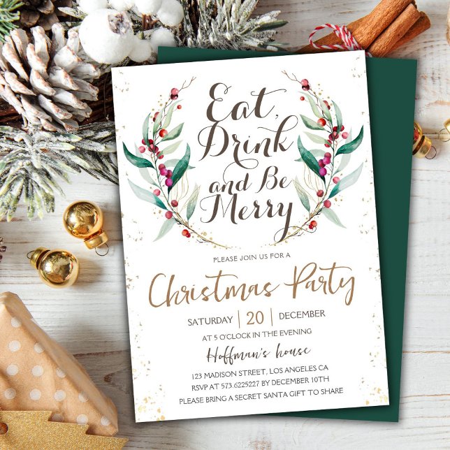 Eat Drink & Be Merry | Gold Wreath Christmas Party Invitation (Creator Uploaded)
