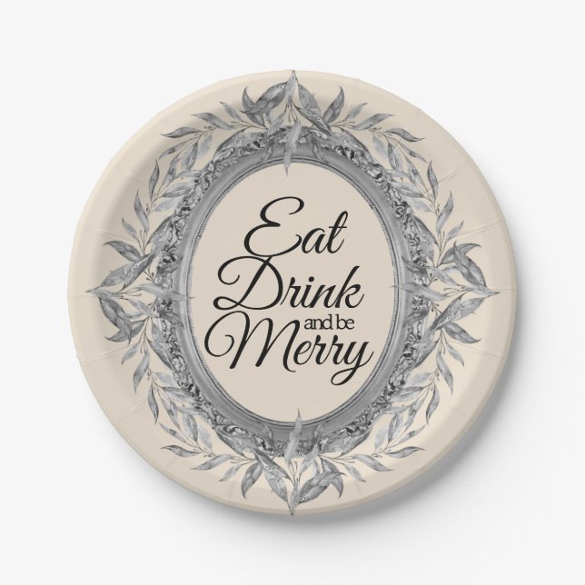 Eat Drink Be Merry Holiday Silver Leaves Wreath Paper Plate (Front)