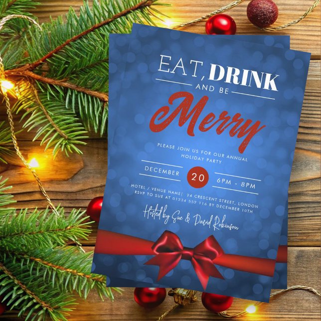 Eat, Drink Be Merry Navy Bokeh Holiday Xmas Bow Invitation (Creator Uploaded)