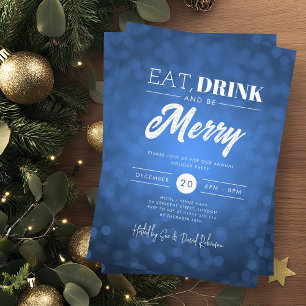 Eat, Drink Be Merry Navy Bokeh Holiday Xmas  Invitation