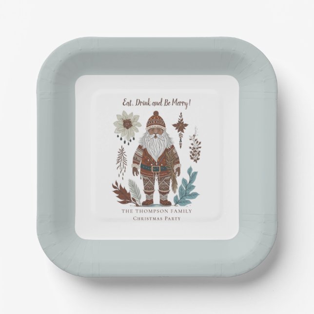 Eat Drink Be Merry Nordic Santa Christmas Paper Plate (Front)