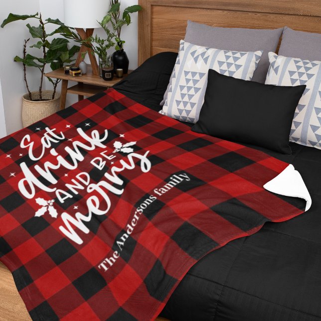 Eat Drink & Be Merry Personalized Buffalo Plaid  Fleece Blanket (Creator Uploaded)