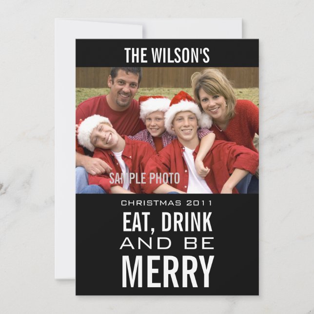 EAT DRINK BE MERRY PHOTO CHRISTMAS CARD BLACK (Front)