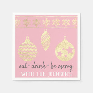 Eat Drink Be Merry Pink White Gold Snowflakes Napkin