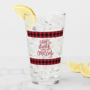 Eat Drink & Be Merry Red and Black Buffalo Plaid Glass