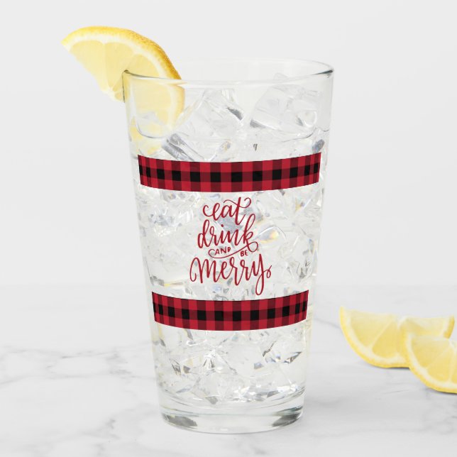 Eat Drink & Be Merry Red and Black Buffalo Plaid Glass (Front Ice)