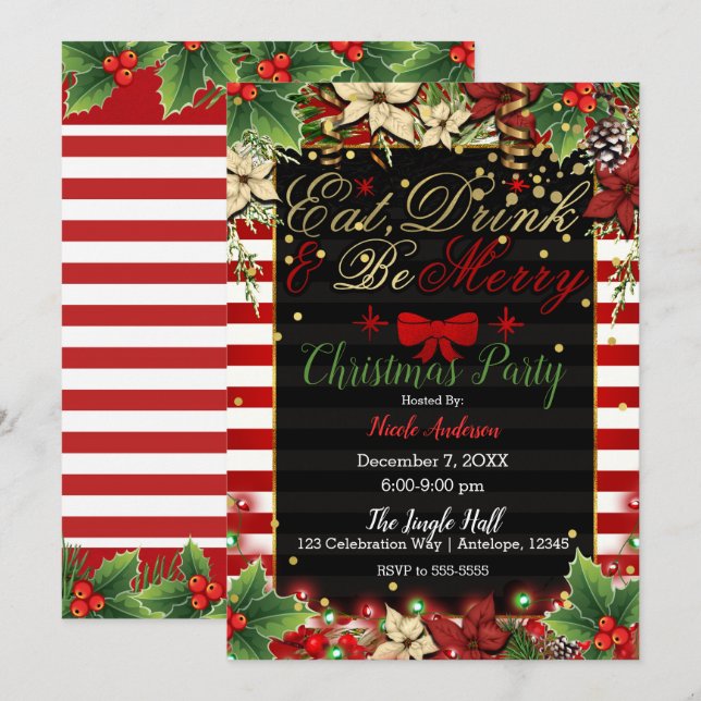 Eat Drink Be Merry Red Bow Christmas Holiday Party Invitation (Front/Back)