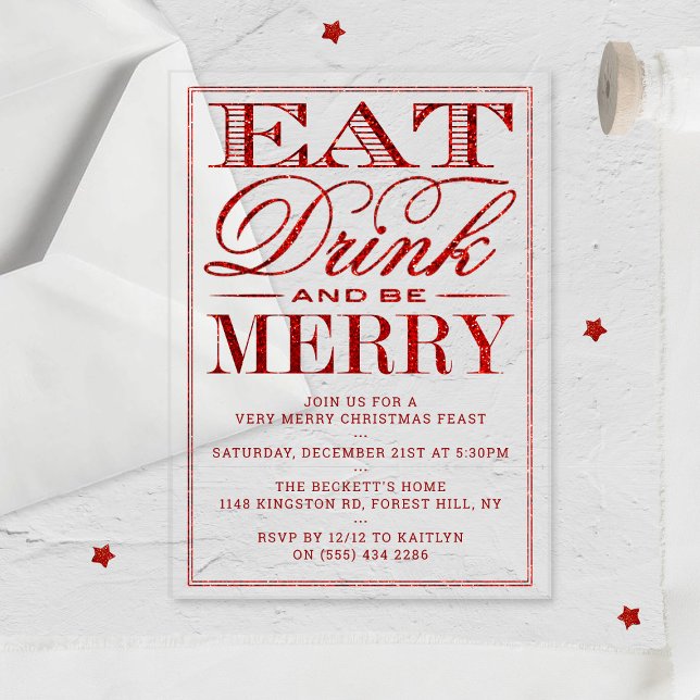 Eat, Drink & Be Merry Red Glitter Christmas Acrylic Invitations (Creator Uploaded)