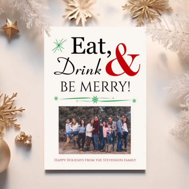 Eat Drink Be Merry Retro Red Green Christmas Photo Invitation (Creator Uploaded)
