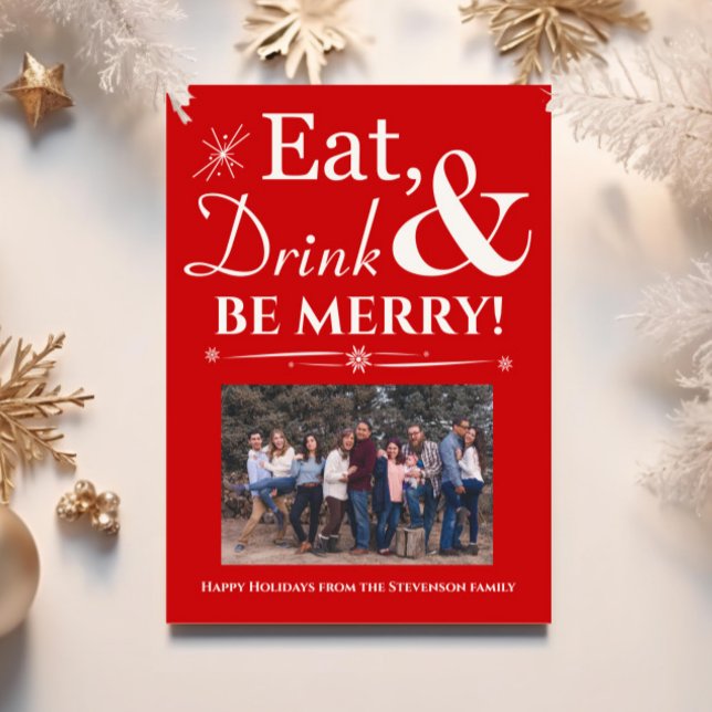 Eat Drink Be Merry Retro Red Photo Christmas Invitation (Creator Uploaded)