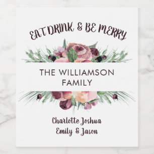 Eat Drink & Be Merry Rustic Watercolor Boho Wine Label