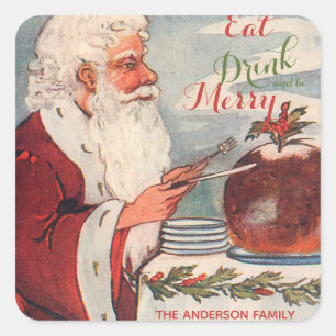 Eat Drink & Be Merry Santa Claus Christmas Pudding Square Sticker