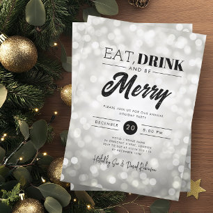 Eat, Drink Be Merry Silver Bokeh Holiday Xmas  Invitation