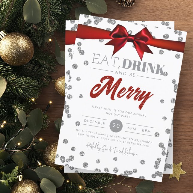 Eat Drink Be Merry Silver Glitter Holiday Xmas Bow Invitation (Creator Uploaded)