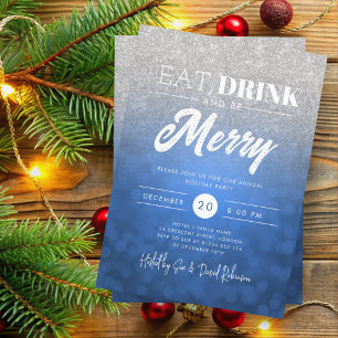 Eat Drink Be Merry Silver Navy Bokeh Holiday Xmas  Invitation