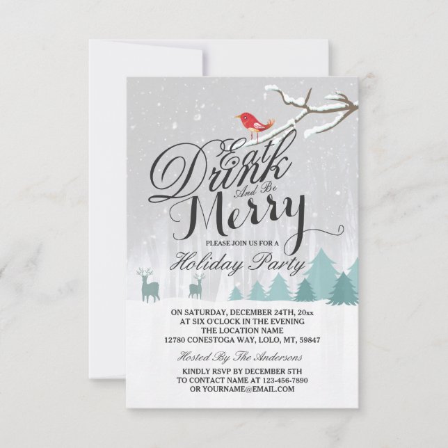 Eat Drink & Be Merry Snow Deer Bird Holiday Party Invitation (Front)