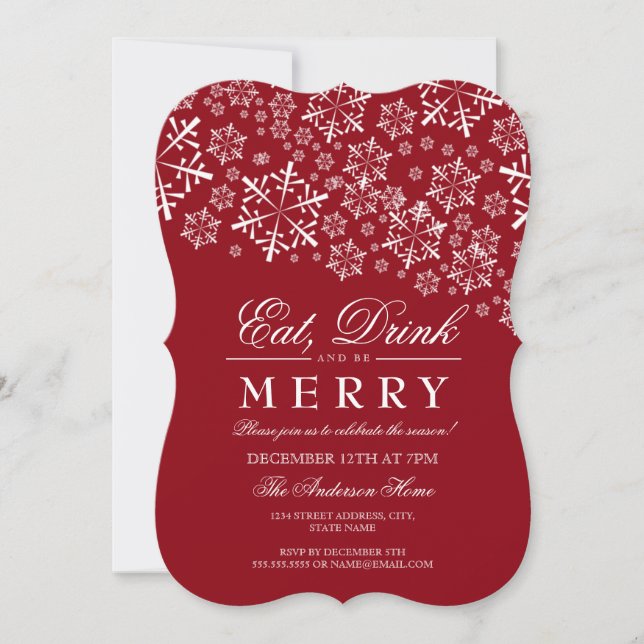 Eat Drink Be Merry Snowflake Red Christmas Party Invitation (Front)