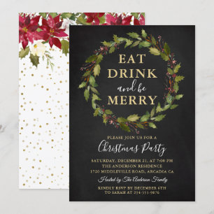 Eat Drink Be Merry Wreath Christmas Holiday Party Invitation