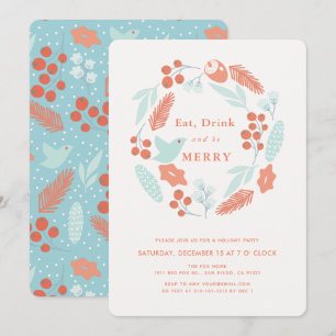 Eat Drink Be Merry Wreath Christmas Holiday Party Invitation